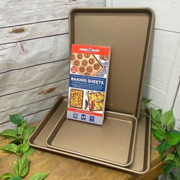 3 pc Nordic Ware Gold Baking Sheets Trays Half Quarter Cookie Aluminum Non Stick - Picture 4 of 10